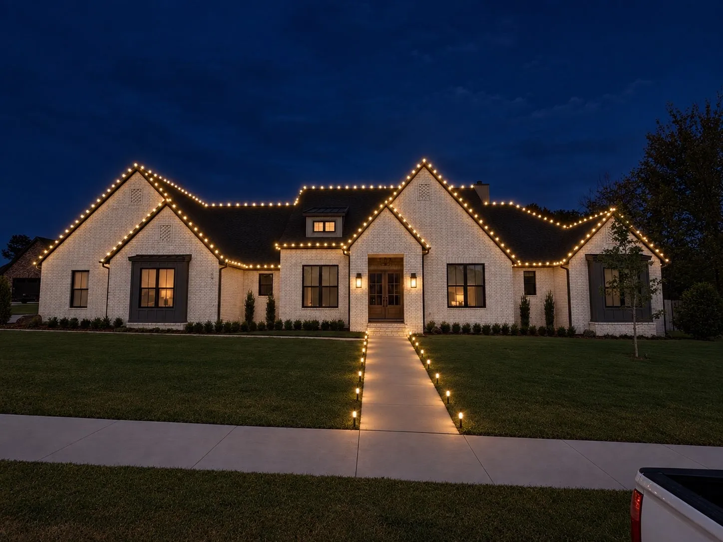 White farmhouse outlined in warm white C9 Christmas lights with lit walkway stakes